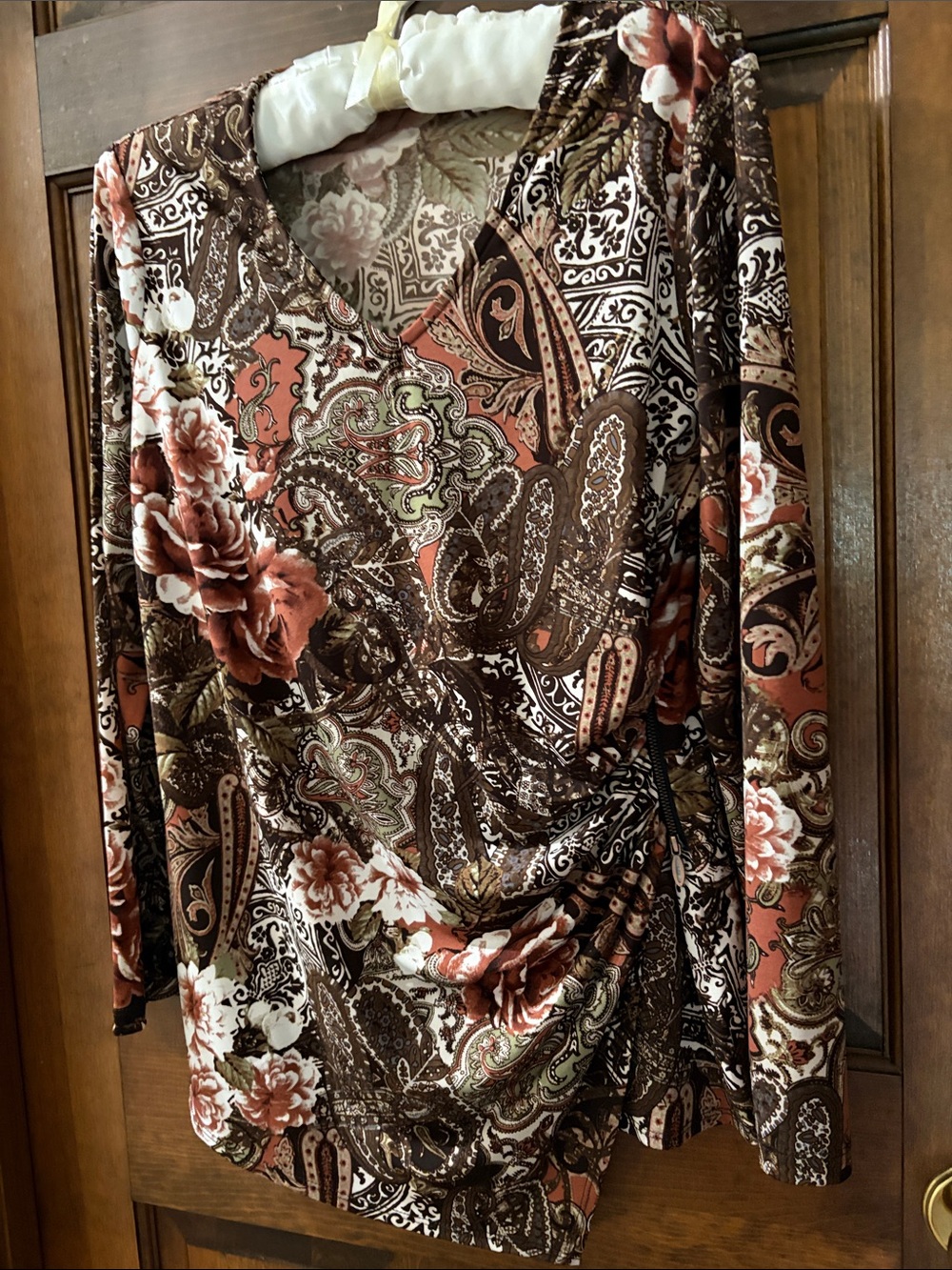 Susan Graver Long-Sleeve V-Neck Paisley & Floral top in Brown, Rust & Cream